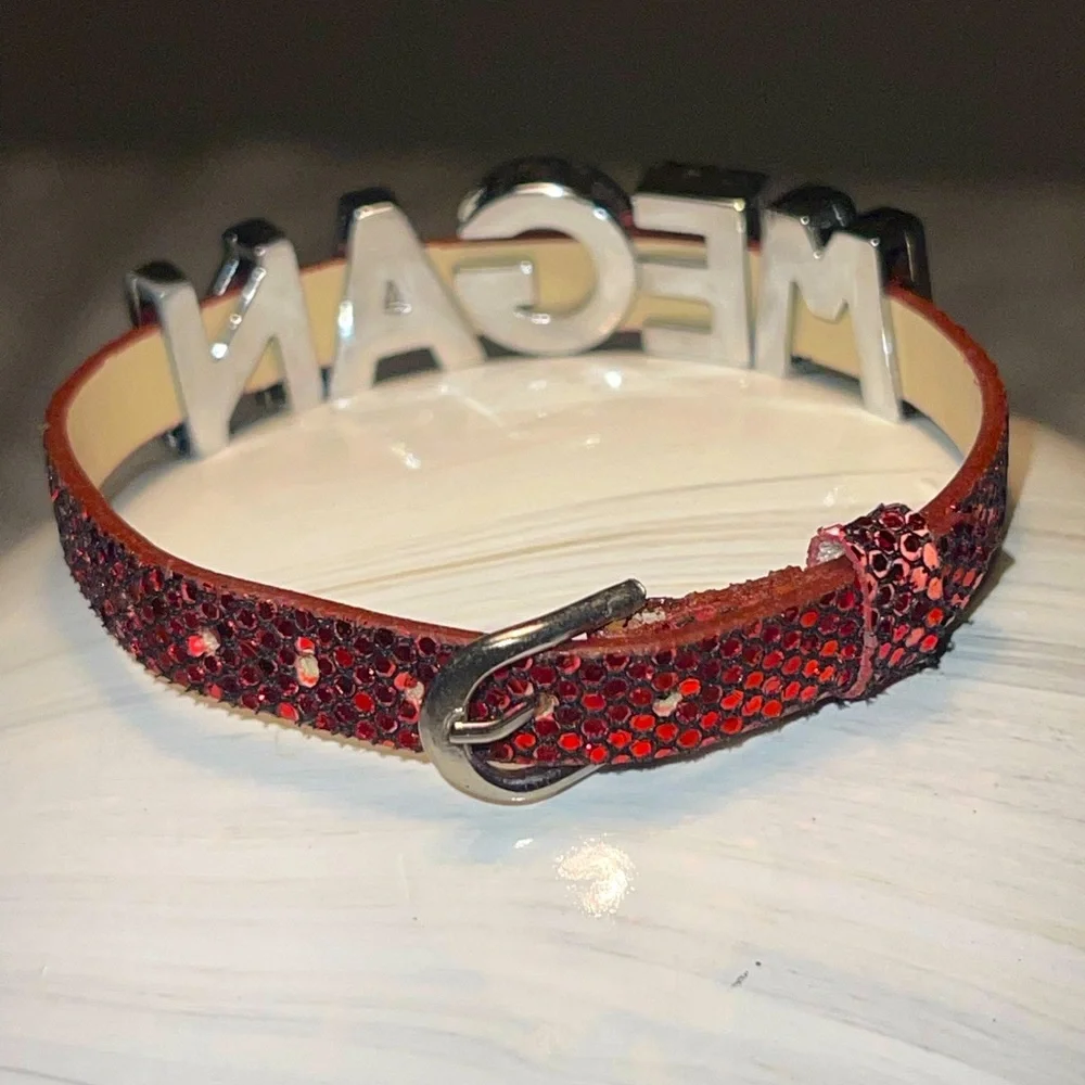 Megan Personalized Rhinestone Name Belt‎ Bracelet in Red Sparkle Adjustable